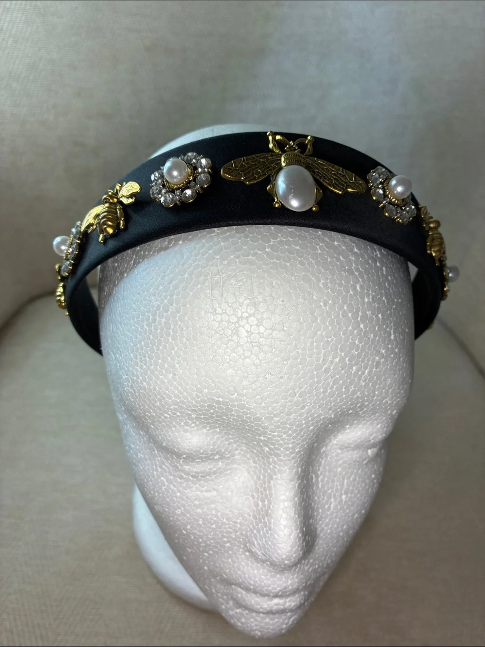 Source Unknown Black Satin Headband with Gold Bee and Pearl Details